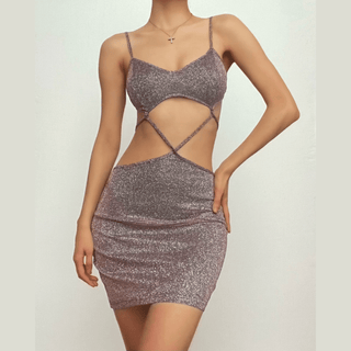 Low cut v neck textured hollow out self tie cami cut out mini dress