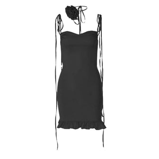 Rose applique ruched ruffle knotted cami mini dress