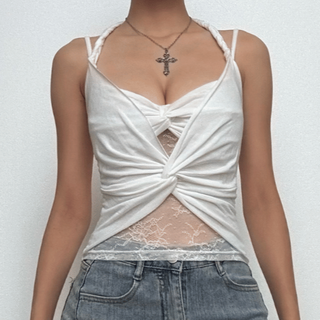 Halter ruched lace patchwork v neck cami top