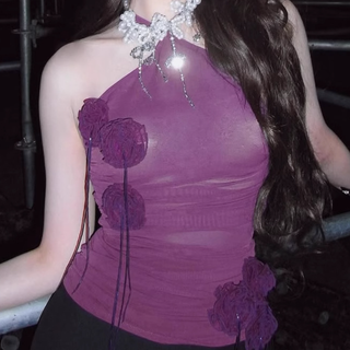 Flower applique halter solid ruched top