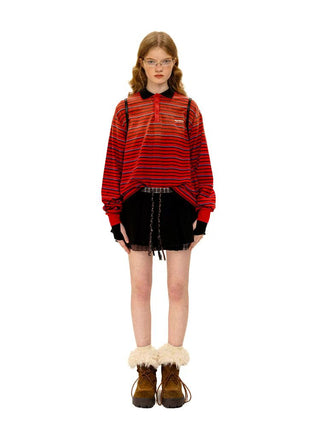 [Moromoro2] Layered Striped Polo Shirt