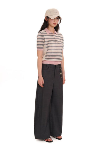 [Moromoro2] Tencel Linen Blend Striped Polo Knit  Top