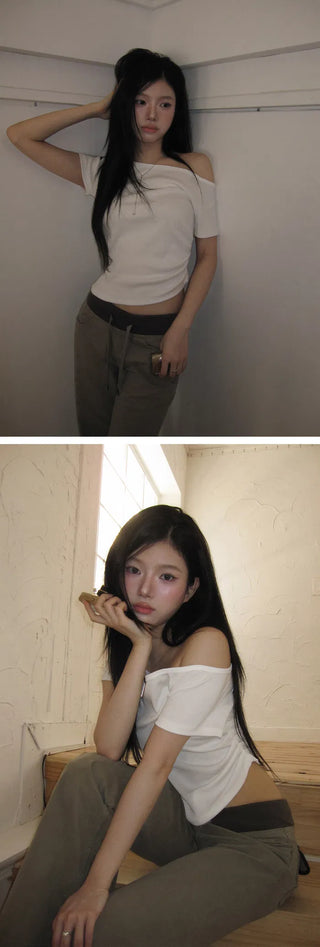 Bio Faded MOMU BASIC shirring short-sleeved off-the-shoulder T-shirt - 3 colors