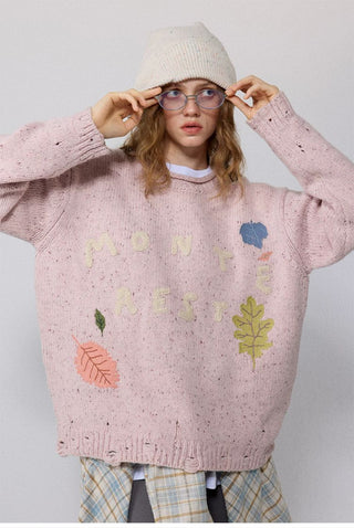 [Monterest] Distressed Crewneck Embroidered Sweater