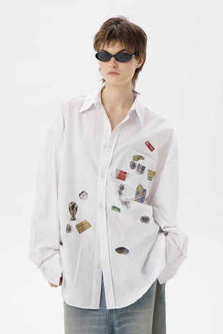 [MASONPRINCE] Cotton Striped Shirt with Sticker Print