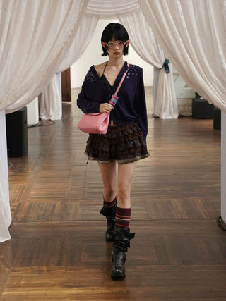 [Moromoro2] Star Polka Dot Mesh Fur Cake  Skirt