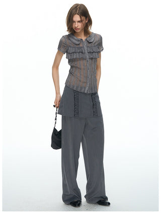 [NECY] Pin Stripe Ruffle Lace Skirt Pants