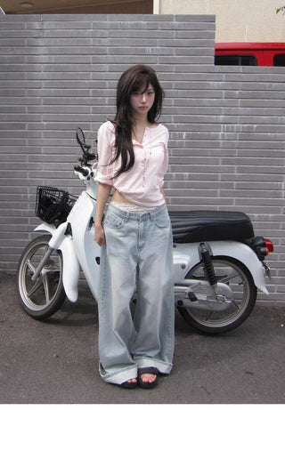 Highly Praised Split Super Wide Light Blue Faded Denim Pants