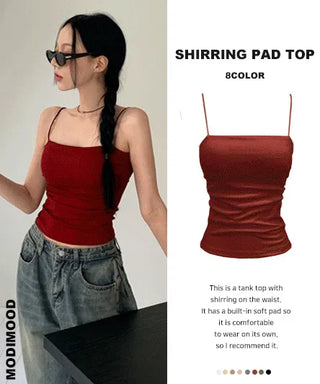 A soft, shirring sleeveless top in 8 colors that is both pretty and comfortable.