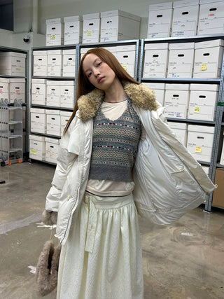 [NEVERSEEZ] Spliced Detachable Fur Collar Down Jacket