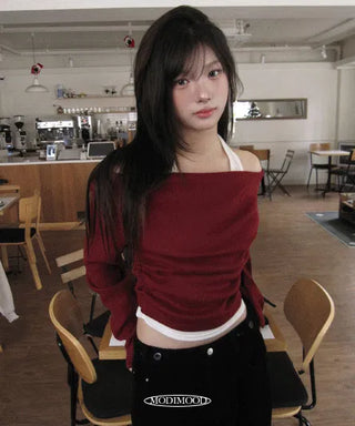 Holic Halter Fleece-lined Shirring Off-Shoulder Knitwear - 3 Colors