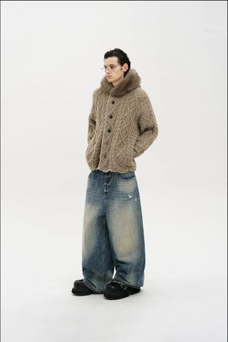 [MASONPRINCE] Cable Knit Fur Collar Wool Blend Cardigan