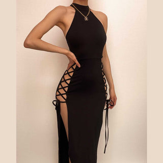 Sleeveless solid hollow out slit lace up cut out midi dress