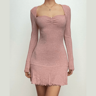 Ribbed solid long sleeve ruffle shrug tube mini dress