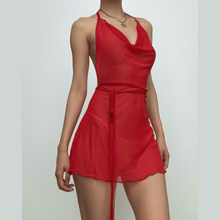 Halter cowl neck sheer mesh ruffle mini dress