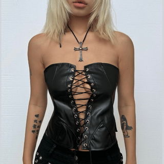 Lace up PU leather hollow out corset tube cut out top