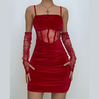 Velvet ruched lace gloves cami mini dress