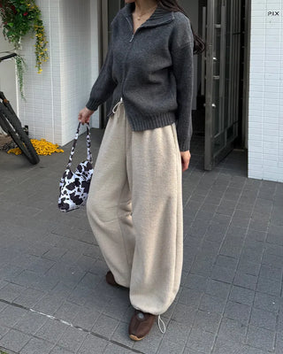 Fleece wide-leg pants with elastic waistband
