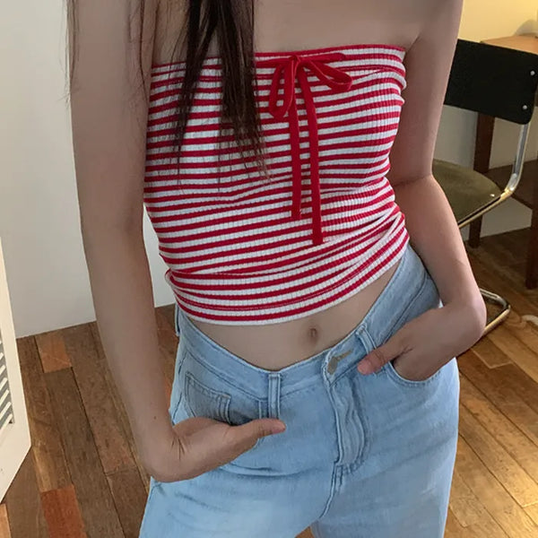 Striped Border Ribbon Layered Tube Top