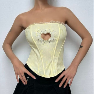 Beaded sweetheart pattern hollow out bustier tube cut out top