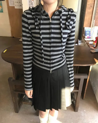 CROP STRIPE HOOD ZIP-UP (3color)