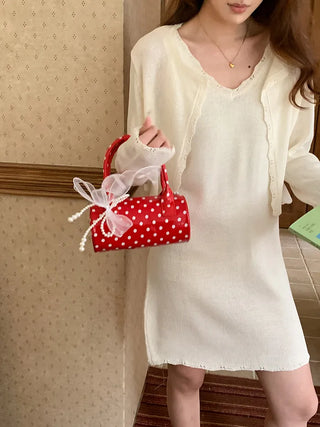 (4 colors) (set) Lace sleeveless knit dress & cardigan set