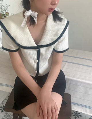Two-tone heart button short-sleeved jacket cardigan