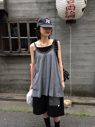 Striped, bordered, two-tone long sleeveless top