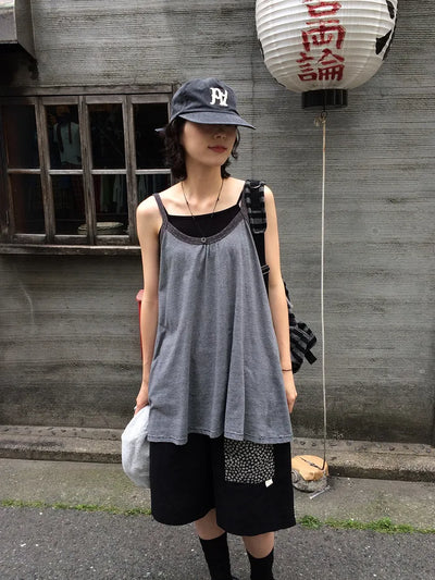 Striped, bordered, two-tone long sleeveless top