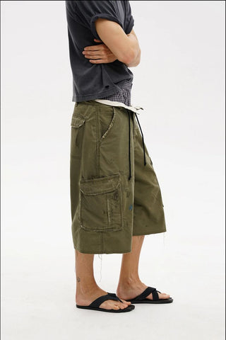 [MASONPRINCE] Distressed Cargo Capri Shorts