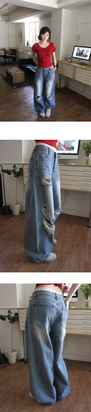 Thunder Real Balloon Damaged Wide Denim Pants
