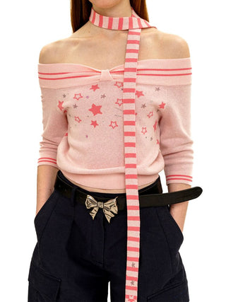 [Moromoro2] Off-Shoulder Star Rhinestone Knit  Top