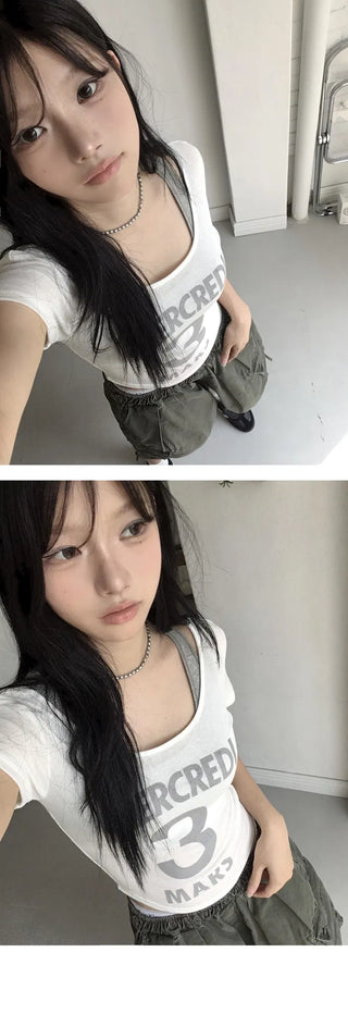 33 See-through U-neck Line Short Sleeve T-shirt - 3 colors