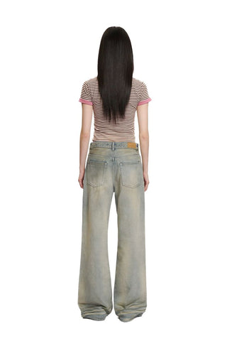 [Moromoro2] Washed Pleated Wide Leg Jeans