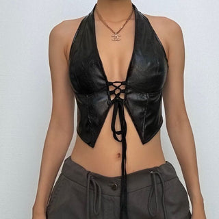 Halter PU leather lace up top