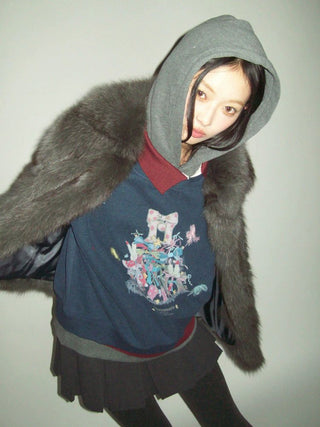 [Moromoro2] Bow Print Layered Hooded  Sweatshirt