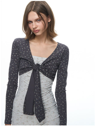 [NECY] Fog Grey Floral Fake Knot Top & Suspender Jumpsuit