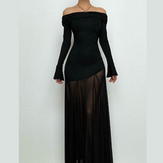 Long sleeve off shoulder mesh patchwork ruched maxi dress