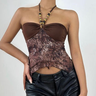 Halter o ring ruched print beaded mesh top