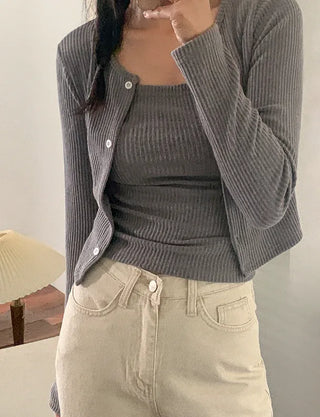 [SET] Rib-knit sleeveless cardigan set