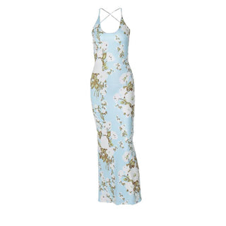 Flower print u neck cross back backless cami midi dress