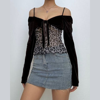 Long sleeve bowknot velvet patchwork leopard print top