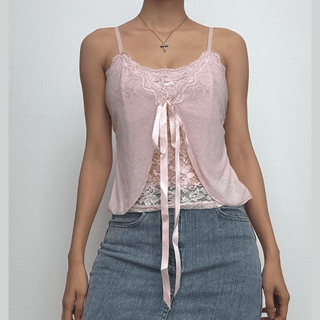 Lace patchwork ruffle ribbon mesh knotted cami top