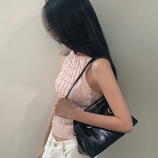 Summer halter neck ribbon knit sleeveless