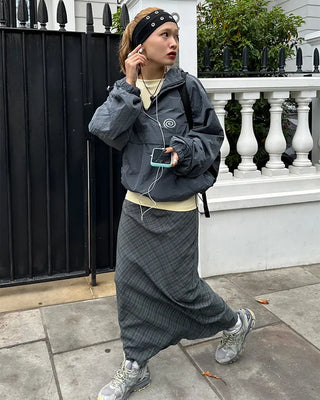Checkered maxi skirt with drawstring waist