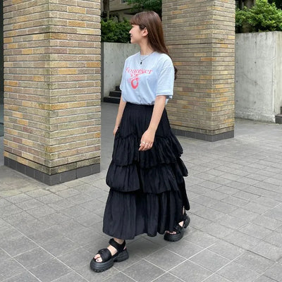 Frilled tiered long skirt