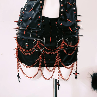 Halter hollow out rivet applique metal chain mini skirt set