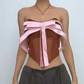 Mesh corset bowknot tube top