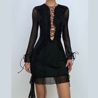 Long sleeve lace up ruffle self tie mesh mini dress