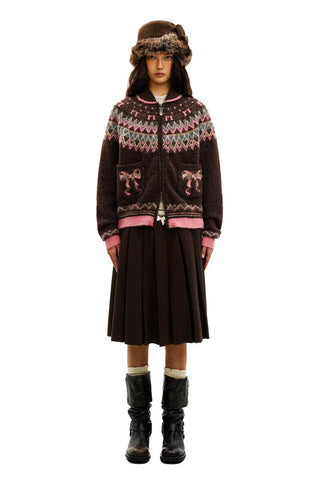 [Moromoro2] Fair Isle Bow Pocket Retro Collar  Cardigan